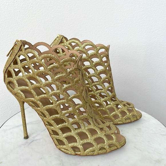 SERGIO ROSSI METALLIC GOLD LEATHER SCALLOP PEEP TOE CAGED BOOTIES 37.5 - Picture 3 of 5